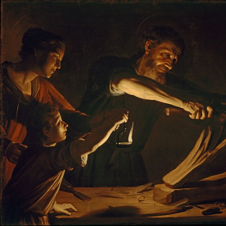 La Sacra Famiglia nella falegnameria Pittura di Gerrit van Honthorst 1592 1656 Dipinto circa 1640 Olio su tela M and G presso l Universita Bob Jones Greenville Carolina del Sud.jpg